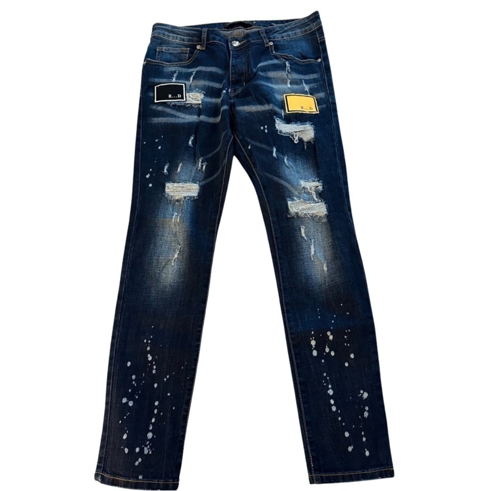 Philipp Plein Straight Cut Illegal Fight Club Jeans Distressed Beluga Blue (M6)